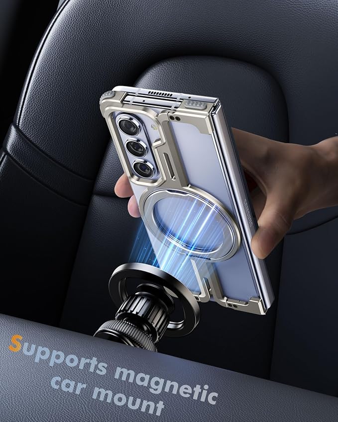 OATSBASF for Samsung Galaxy Z Fold 5 Bumper Case, with Kickstand 360° Rotatable Magnetic Stand Case, Minimalist Phone Case for Galaxy Z Fold 5, Frameless Metal Case, Natural Titanium