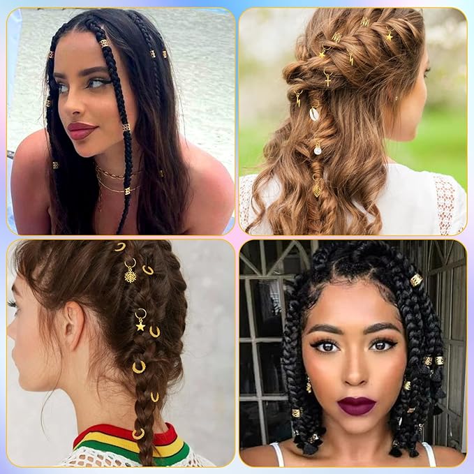 Lucomb 259 Pcs Hair Jewelry for Braids, Loc Jewelry for Hair Dreadlock, Charm Accessories for Women, Metal Gold Braids Rings Cuffs Clips for Dreadlock Accessories Clips Rings Extensions Decorations