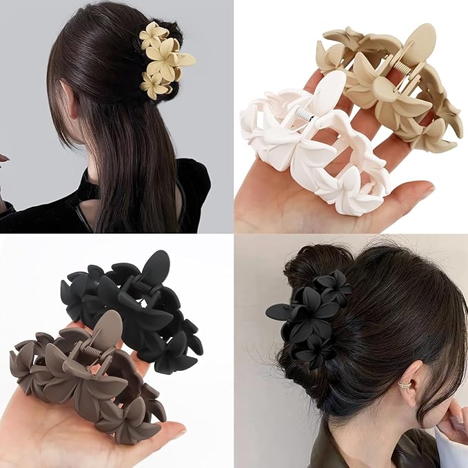 ANBALA Matte Flower Hair Accessories - 4PCS Large Plumeria Hawaiian Hair Clips with Strong Hold for Women, Non-Slip and Cute