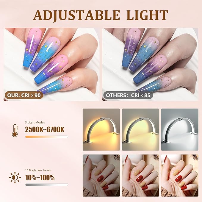 Evershop Half Moon Light for Nail Desk with Phone Holder,Portable LED Ring Light for Video Recording with Overhead Phone Mount,Nail Table Lamp for Photography,YouTube,Tiktok,Pinterest,Instagram