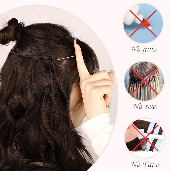 MORICA Invisible Wire Hair Extensions - 20 Inch Copper Brown Long Wavy Synthetic Hairpiece with Transparent Wire Adjustable Size, 4 Secure Clips for Women