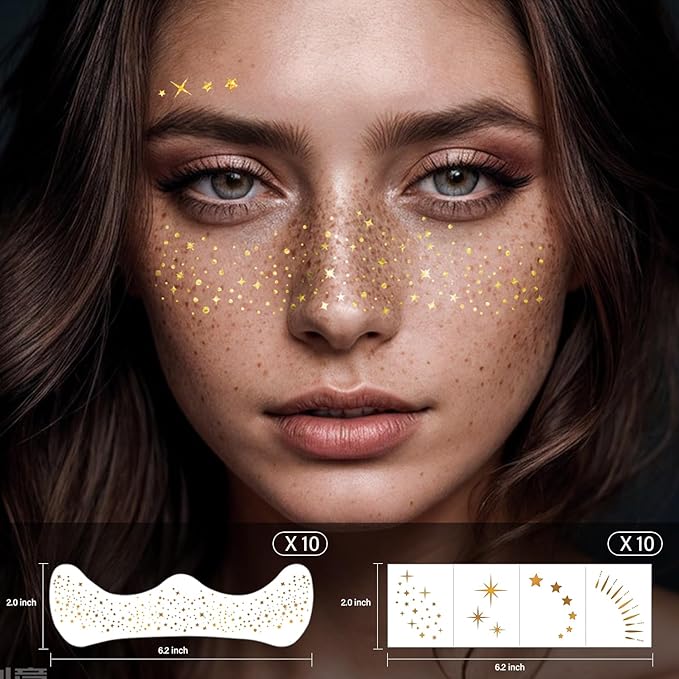 20 Pcs Gold Face Makeup Patches, Glitter Freckles Face Tattoo, Glitter Freckles, Sparkle Makeup Patches, Waterproof Face Glitter Freckles Patches for Women (Gold)