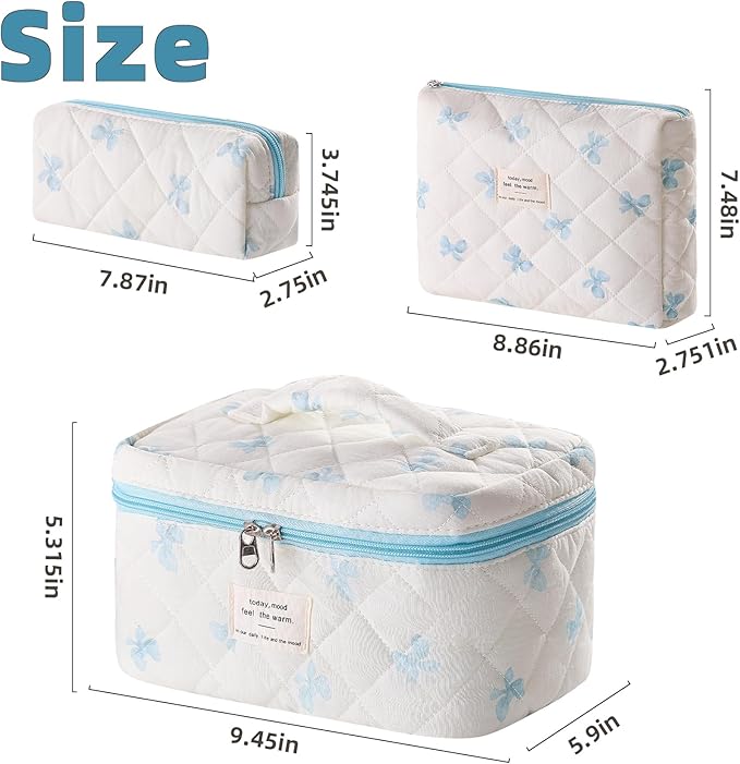 3 Piece Cute Blue Bow Quilted Makeup Bag Set, Large Capacity Travel Makeup Bags for Women and Girls, Includes Small, Medium, and Extra Large aesthetic makeup&Cosmetic Bags (3PCS-Blue Bow)