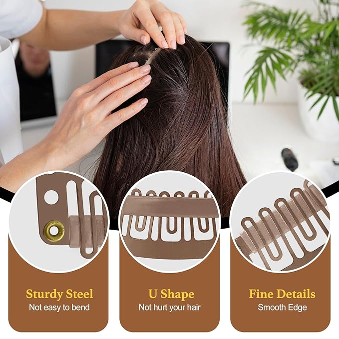 25Pcs 32mm Hairpieces Snap Clips U Shape Wig Clips for Hair Extensions Making Wig Accessories Set Tools (Light Brown)