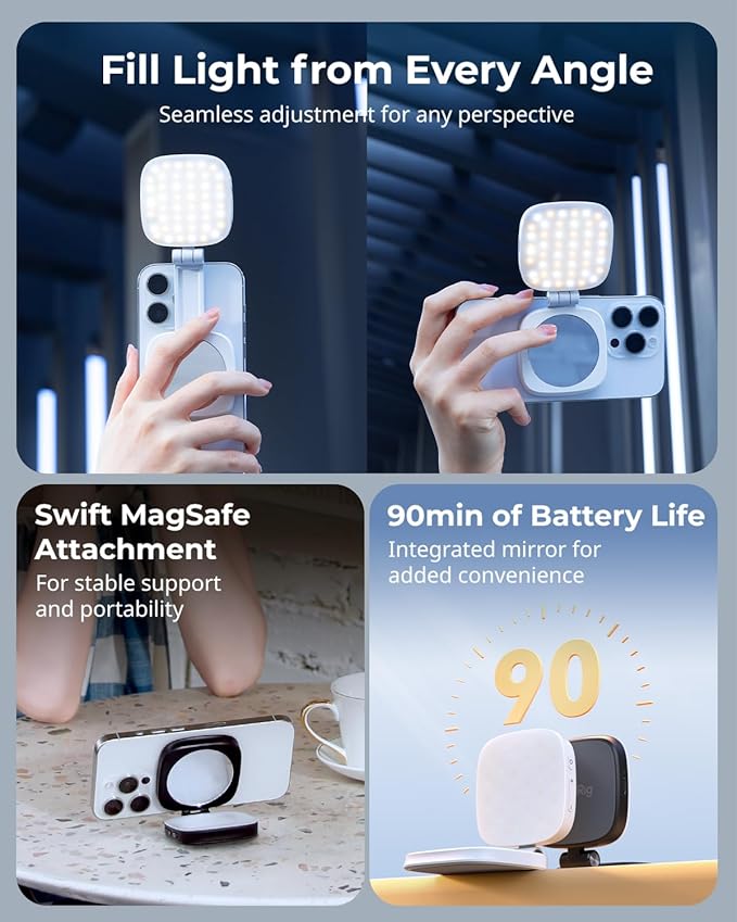 SmallRig Magnetic Selfie Light for iPhone, Phone Light with a Mirror, Instant Attachment for MagSafe, for Selfies, Video Conference, Vibe P48 Black
