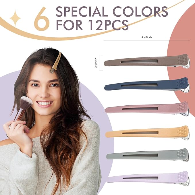 12pcs Duck Billed Hair Clips for Styling Sectioning Rollers Blowout Cutting - Professional Salon Clips with Silicone Band for Stylists Hairdressers Thick Long Hair – Ashen 6 Colors 4.48” Long