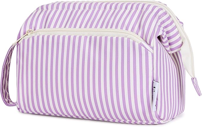 Narwey Striped Makeup Bag Women Wide-open Make up Bag Travel Cosmetic Bag Organizer Toiletry Bag for Cosmetics Toiletries Accessories (Purple Stripe)