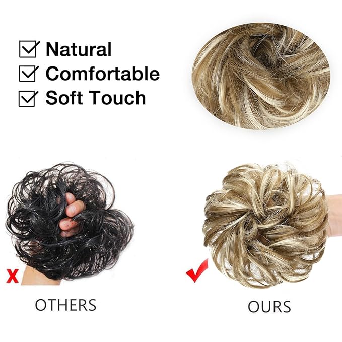 MORICA 1PCS Messy Hair Bun Hair Scrunchies Extension Curly Wavy Messy Bun Hair Synthetic Chignon Hairpieces for Women(12AH613(Light Golden Brown & Lightest Blonde))