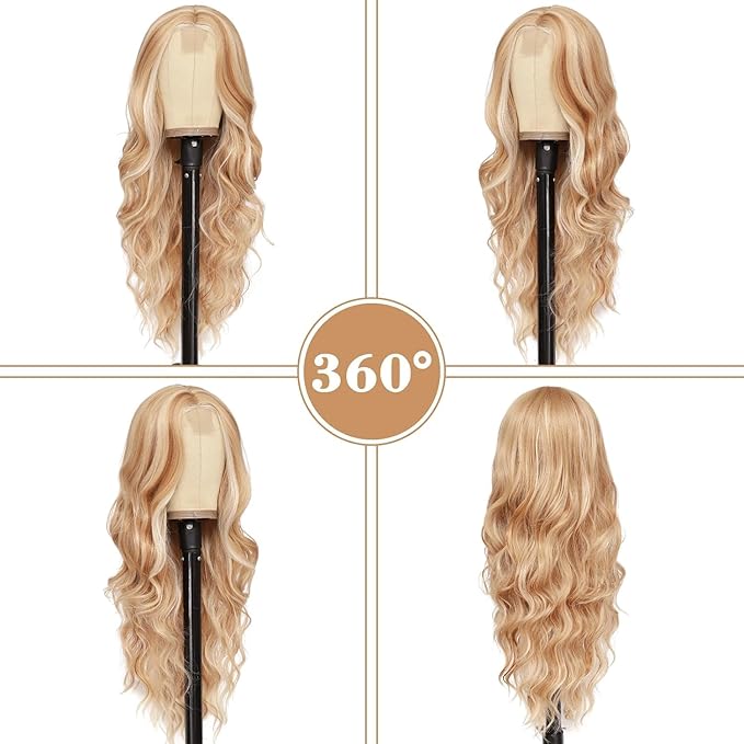 NAYOO Long Mixed Blonde Wavy Wig for Women 26 Inch Middle Part Curly Wavy Wig Natural Looking Synthetic Heat Resistant Fiber for Daily Party (Mixed Blonde)