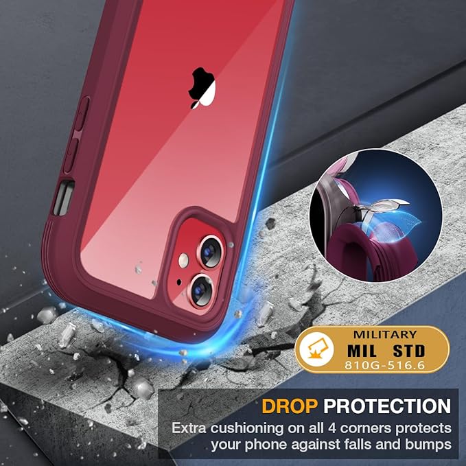 Miracase Glass Series for iPhone 11 - Full-Body Rugged Protective Case with Built-in 9H Tempered Glass Screen Protector and Camera Lens Protector, Wine Red