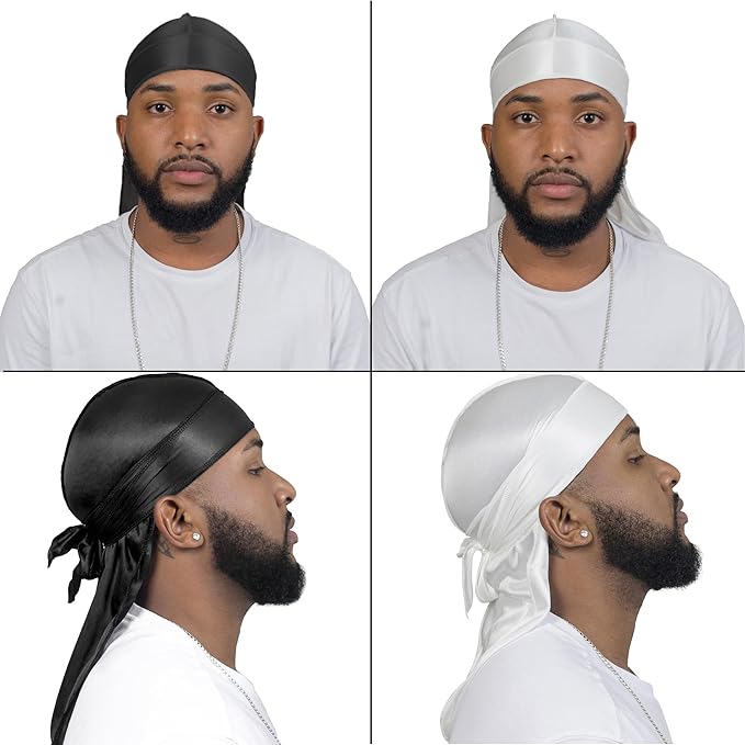 4PCS Silky Durags for Men Women 360 Waves with 1 Wave Cap, Silky Satin Durag Extra Long Tails