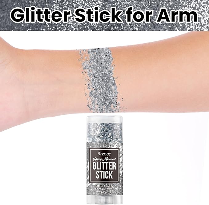 Brzeaf Silvery Body Glitter Stick, Waterproof & Long Lasting, Hair Eyeshadow Face Body Glitter, Singer Concert Music Rave Festival, Glitter Stick Makeup & Face Glitter Gel