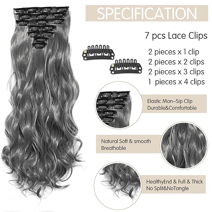 22 Inch Clip In Hair Extensions 7 PCS Long Wavy Synthetic Black Hair Extension & Natural Soft Invisible Clip Thick Hairpieces for Women Daily(20Inch, 7pcs, Dark Gray Mixed Shiny Silver)