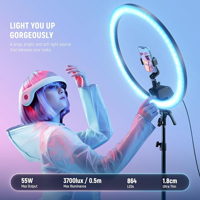 NEEWER SRP18C 18 Inch RGB LED Ring Light Kit with Reversible Tripod Light Stand App Control Phone Holder Compatible with iPhone, Ultra Slim Ringlight for Makeup Video Recording Selfie Studio Streaming