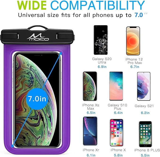 MoKo Waterproof Phone Pouch Holder, Underwater Cellphone Case Dry Bag with Lanyard Armband Compatible with iPhone 16 15 14 13 12 11 Pro Max X/Xr/Xs Max/SE 3, Samsung S24/S23/S21/S20/S10/S9, Purple