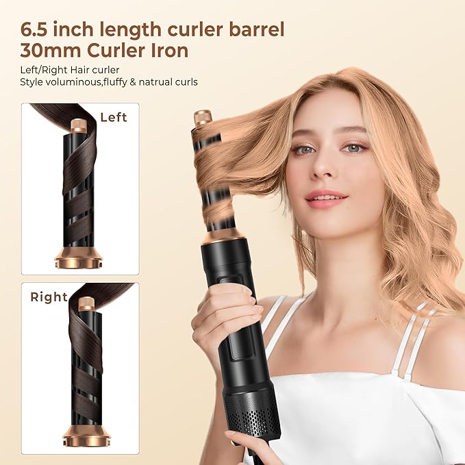6 in ONE Blow Dryer Brush, Curling Wand Hair Styling Tools Set, Ionic Hot Air Brush Hair Dryer, Massage Oval Hair Dryer Brush, Left&Right Hair Curlers (Black Gold)