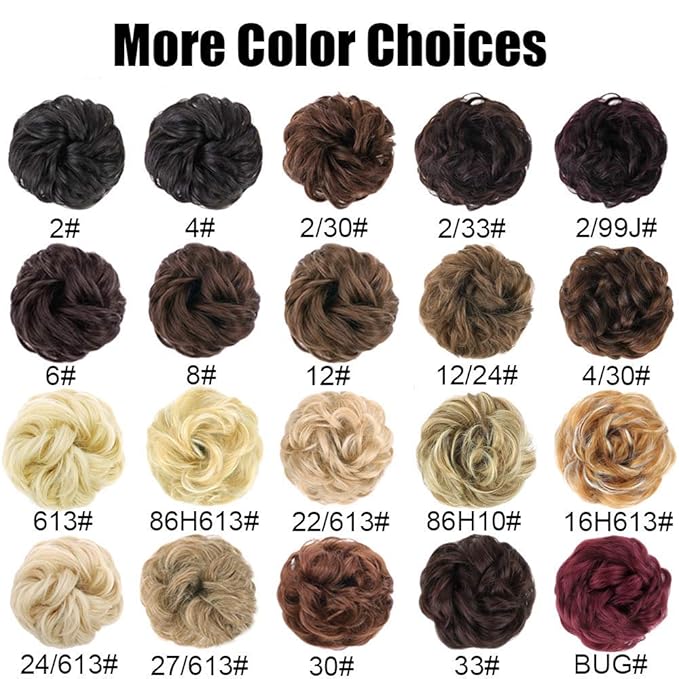 MORICA 2PCS Messy Bun Hair Piece, Fake Hair Extension Curly Wavy Synthetic Chignon Scrunchies Ponytail Hair Pieces for Thin Hair, Women (Dark Brown & Light Auburn Mixed)