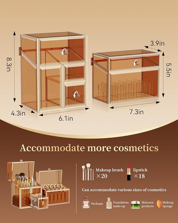 Makeup Organizer Countertop Set – Vanity Holder with 18-Slot Lipstick Organizer & Covered Makeup Brush Holder – Skincare, Perfume & Cosmetic Display for Bathroom or Dresser