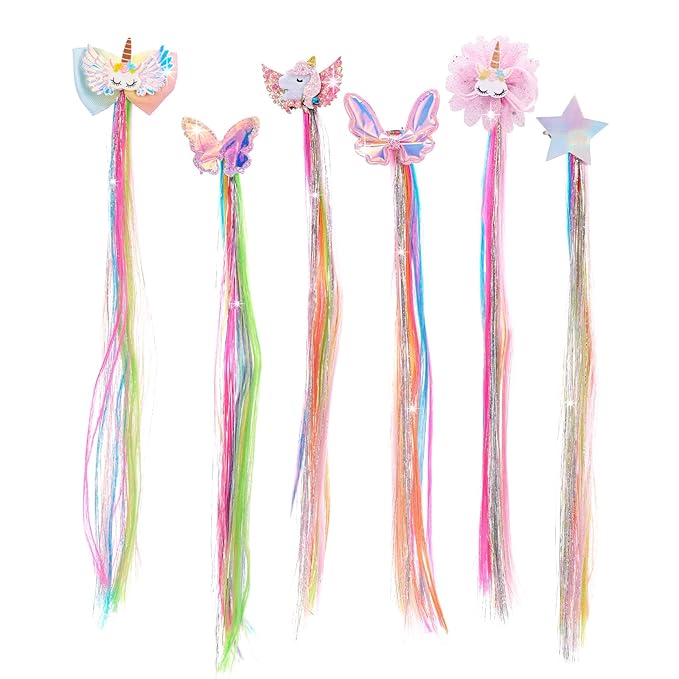 6 Set Rainbow Wig Clips and Straight Fake Bangs - Thick Colored Unicorn Hair Accessories for Kids' Ponytails and Girls