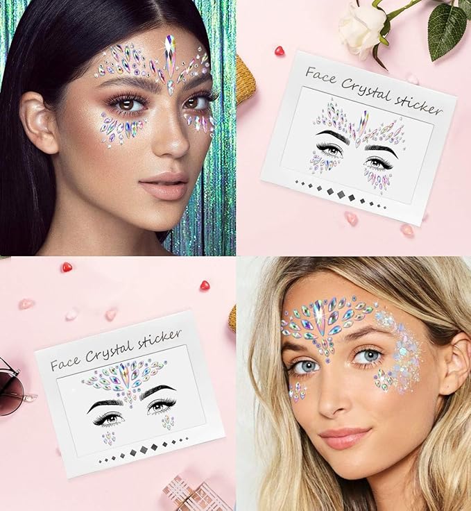 iMethod Face Jewels and Body Glitter - Face Gems, Mermaid Face Jewels Stick On, Holographic Cosmetic Face Glitter, for Festival Holiday Costumes & Halloween Alien Makeup, 12 Pcs