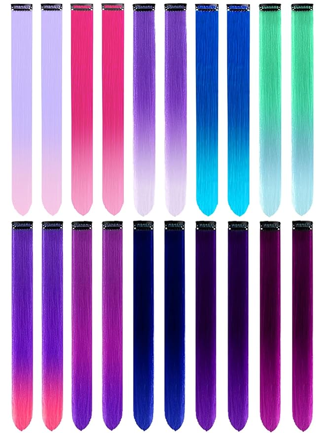 20 PCS Colored Hair Extensions, Colorful Party Highlights Clip in Long Straight Synthetic Hair Extensions, Ombre Color Hair Hairpieces for Girl Women Kids Cosplay Party Gift 22 inch