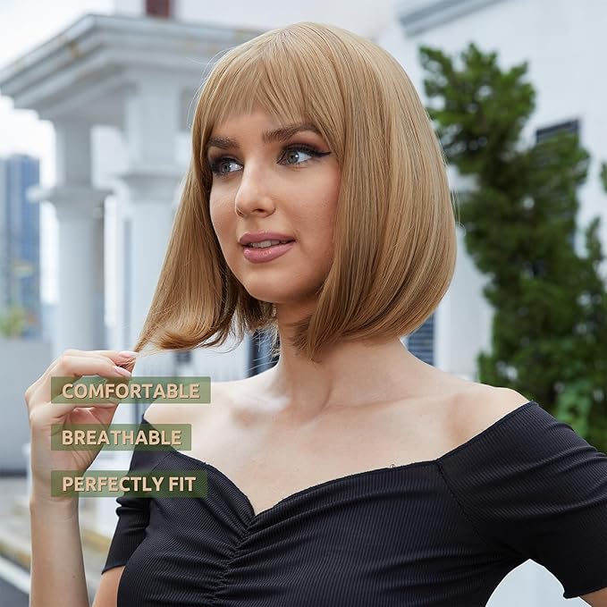 Onpep Bob Wig with Bangs Brown Highlight Short Straight Natural Looking Wigs for Women Shoulder Length Heat Resistant Synthetic Blonde Wigs