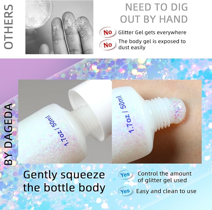 DAGEDA Body Glitter Gel, Holographic Face Glitters Body Gel Shimmer Liquid Eyeshadow, Color Changing Glitter for Face Hair Nails, Glitter Under Light Festival Glitter Makeup 1.7oz (Neno Pink)