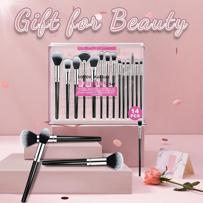 Makeup Brush Set, Premium Synthetic 14 Pcs Makeup Brushes, Travel Makeup Brush Set for Foundation, Concealer, Blush and Eyeshadow Brush(Black)