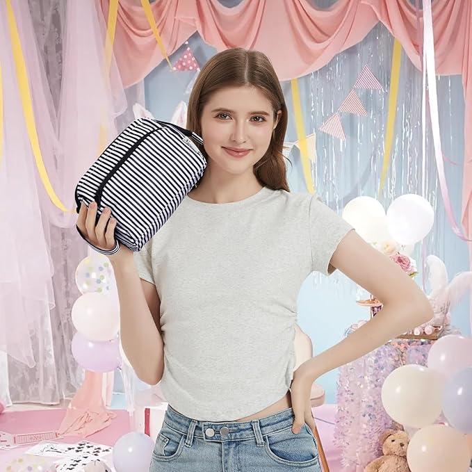 Narwey Striped Makeup Bag Women Wide-open Make up Bag Travel Cosmetic Bag Organizer Toiletry Bag for Cosmetics Toiletries Accessories (Black Stripe)