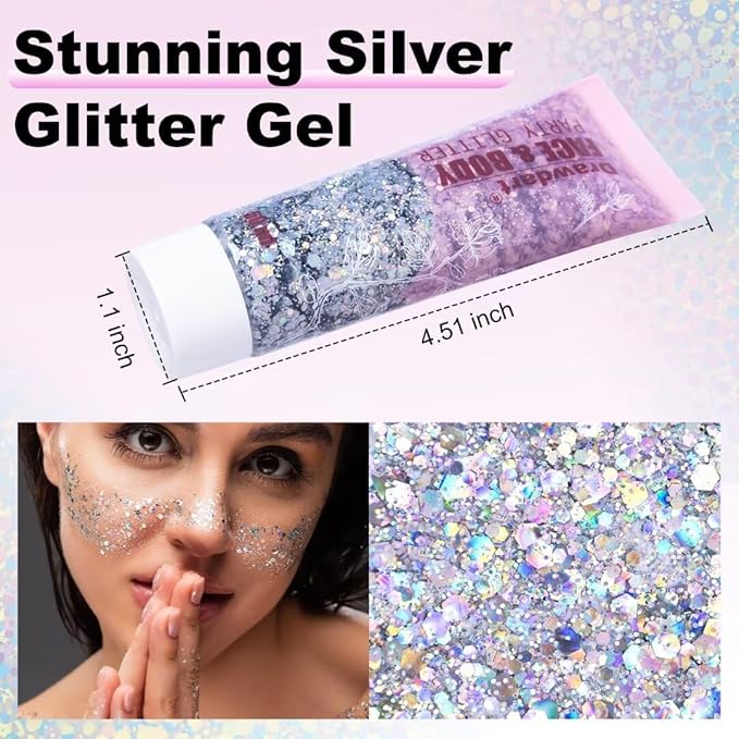 Face & Body Glitter,Cosmetic-Grade Holographic Glitter Gel,50ml Silver Hair Glitter Gel,Rave Glitter,Mermaid Makeup Glitters for Women - Vegan & Cruelty Free