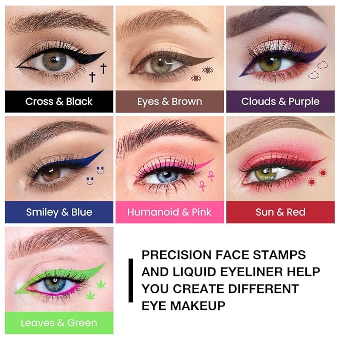 7Pcs Colored Liquid Eyeliners with Face Stamps – Black Brown Purple Blue Red Pink Green Star Flower Heart Moon Triangle Stamps for Cosplay & Gothic Makeup – Beginner-Friendly (multicolor-7Pcs-set02)