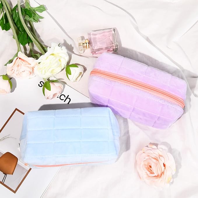 2 Pieces Makeup Bag Cute Cosmetic Bag Plush Blue Purple Makeup Pouch Travel Toiletry Bag Organizer Makeup Brushes Storage Bag for Women