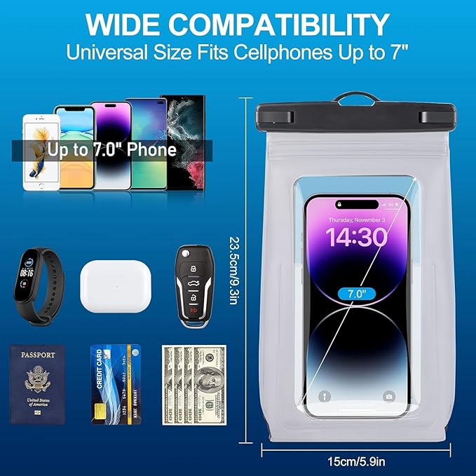 2 Pack Waterproof Phone Pouch Floating Large Waterproof Cellphone Dry Bag Case for iPhone 16 15 14 13 12 11 Pro Max XS XR X Galaxy S20-S24 Up to 7", PVC IPX8 Underwater HD Touch Phone Protector