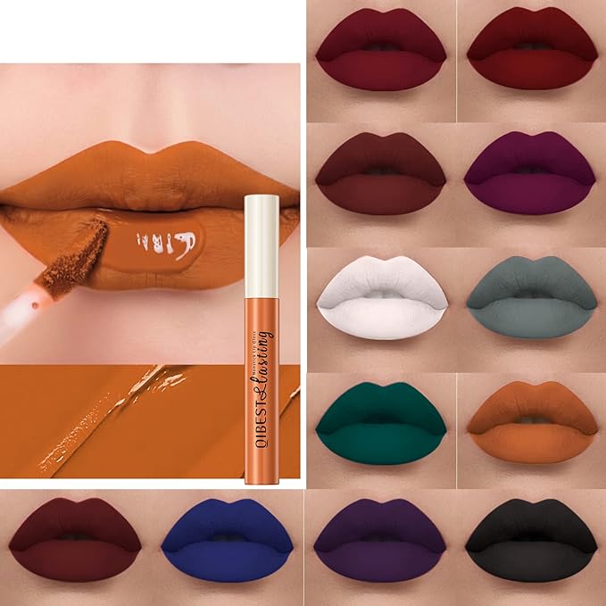 12Pcs Halloween Makeup Black Lipstick Lip Kit, Velvety Liquid Lipstick Waterproof Long Lasting Durable Nude Lip Gloss Beauty Dark Blue Black Purple Lip (Dramatic Lip Collection)