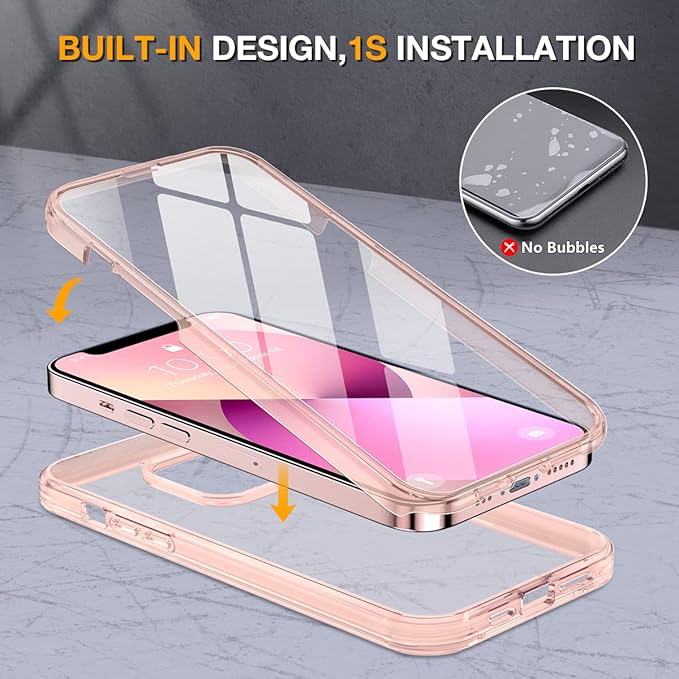 Miracase Glass iPhone 13 Case 6.1 inch, 2023 Upgrade Full-Body Clear Bumper Case with Built-in 9H Tempered Glass Screen Protector for iPhone 13,Clear Pink