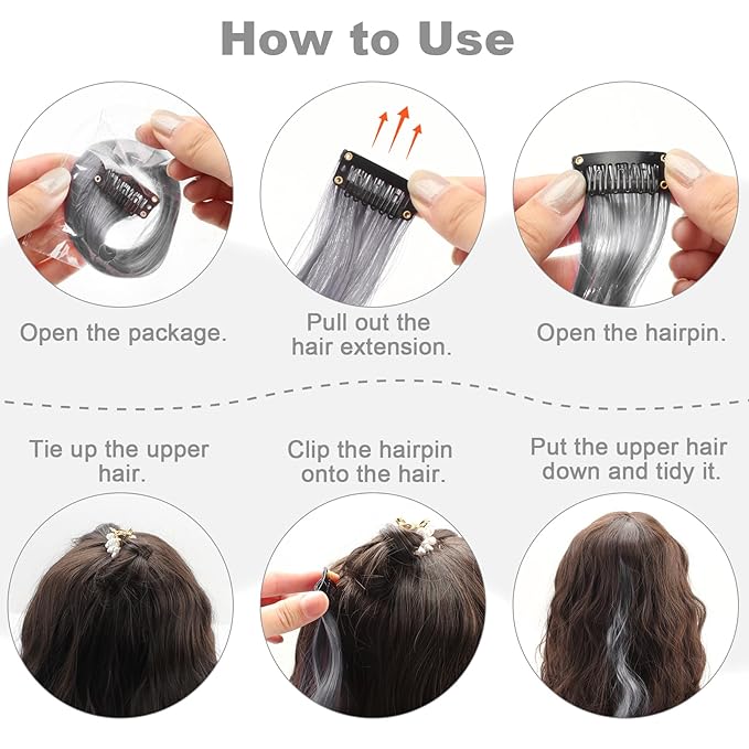 10 PCS Grey Hair Extensions, Curly Wavy Synthetic Hairpieces Clip in Rainbow Neon Party Highlights, Colorful Hair Accessories for Girls Women 17 inch (Grey)