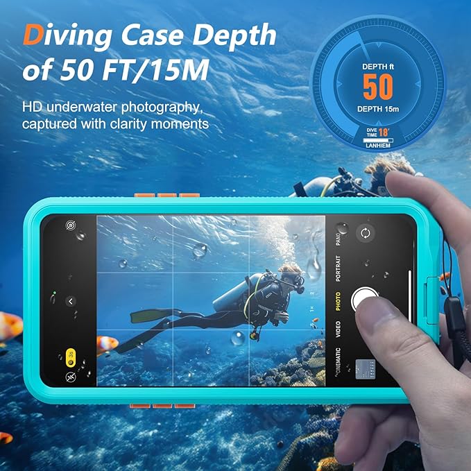 Mitywah Waterproof Case for iPhone, Underwater Snorkeling Diving Phone Case for iPhone 15PM 14PM 13PM 12PM /15PLUS 14PLUS, HD Underwater Photography Snorkeling Case Travel Essentials Blue Green