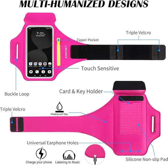 Running Armband with Earphone Bag Cell Phone Armband for iPhone 16 15 Pro 14 Plus 13 11 XR XS, Galaxy S24/S10 Water Resistant Sports Phone Holder Case & Zipper Slot Car Key Holder for 6.7 inch Phone