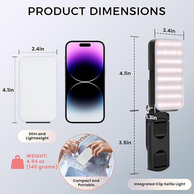 Selfie Light for Phone, Rechargeable Ring Light Clip for iPhone & Android, Portable Phone Light for Video Recording, Vlogging, Makeup, Photography