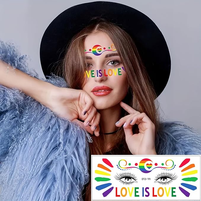 10 Sheets Pride Day Face Fake Tattoos Rainbow Temporary Tattoos Adult Rainbow Hearts Butterfly Ribbons Crown Colorful Love Tattoo Kit Gay LGBTQ Pride Day Parade Party Eye Makeup Face Decor Supplies