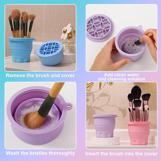 Makeup Brushes Cleaner Mat with Brush Storage Holder, Folding Portable Washing Tool for Makeup Brush Cleaning, 2 In 1 Silicone Brush Cleaner Pad & Cosmetic Brush Organizer Rack (Pink)