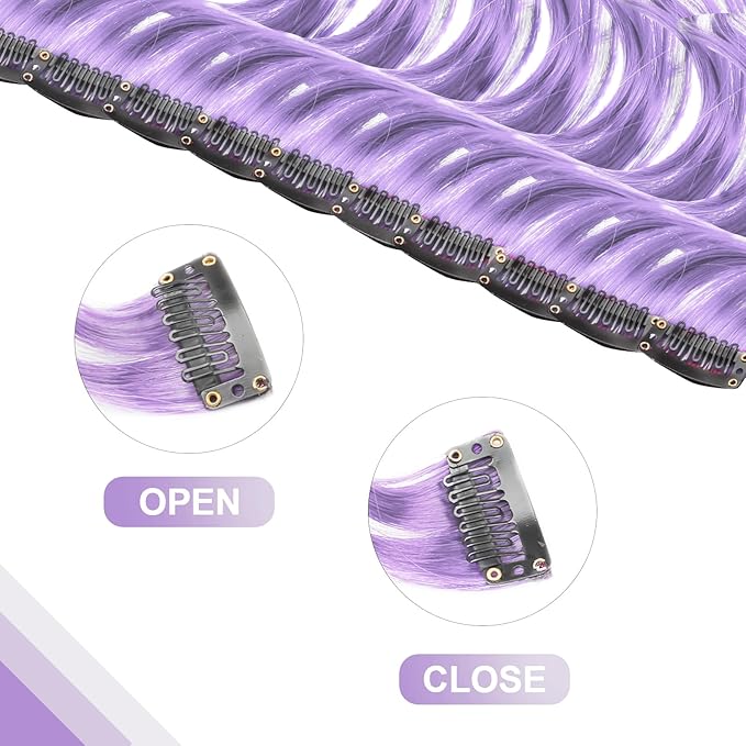 10 PCS Light Purple Hair Extensions Clip-In, Curly Wavy Synthetic Hairpieces Clip in Rainbow Neon Party Highlights, Colorful Hair Accessories for Kids Girls Women 17 inch (Light Purple)