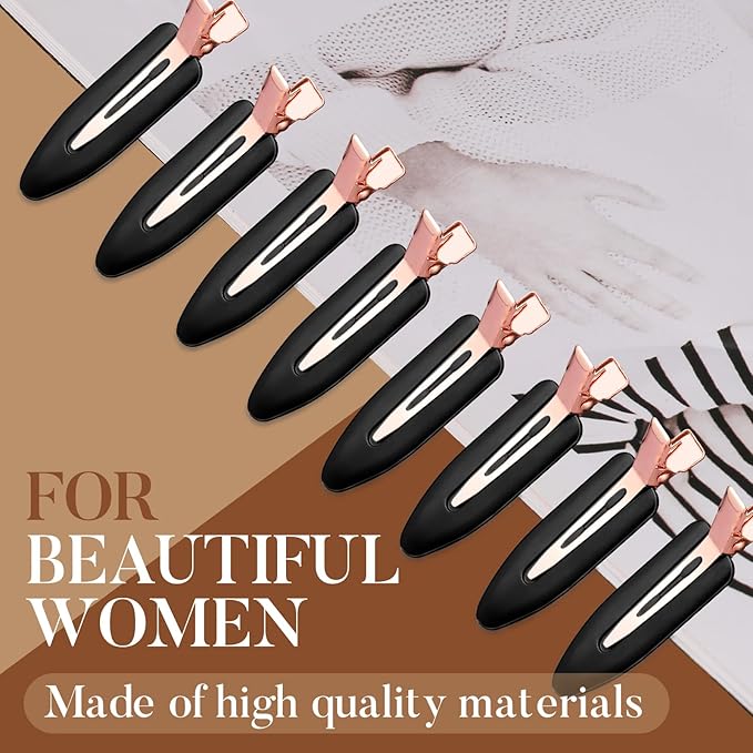 D 8 Pcs Hair Clips - No Crease Hair Clips - Flat Makeup Clips for Women and Girls - Creaseless Hair Clips for Hairstyling Bangs Salon Rose Gold Handle - Black