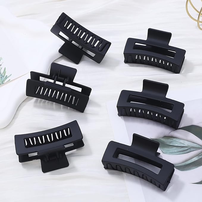 3.5 Inch Medium Hair Claw Clips 6 Pack Hair Clips for Women Square Claw Clips Rectangle Clips for Hair Banana Jaw Clips Hair Accessories for Girls -Black