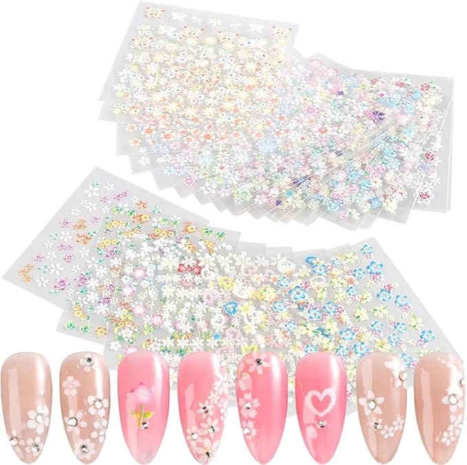 30Sheets Flower Nail Art Sticker 3D Self-Adhesive Nail Art Supplies Colorful Flowers Rose Daisy Cherry Blossoms Nail Decals Pink Floral Nail Design Cute Heart Nail Sticker for Acrylic Nails Decoration