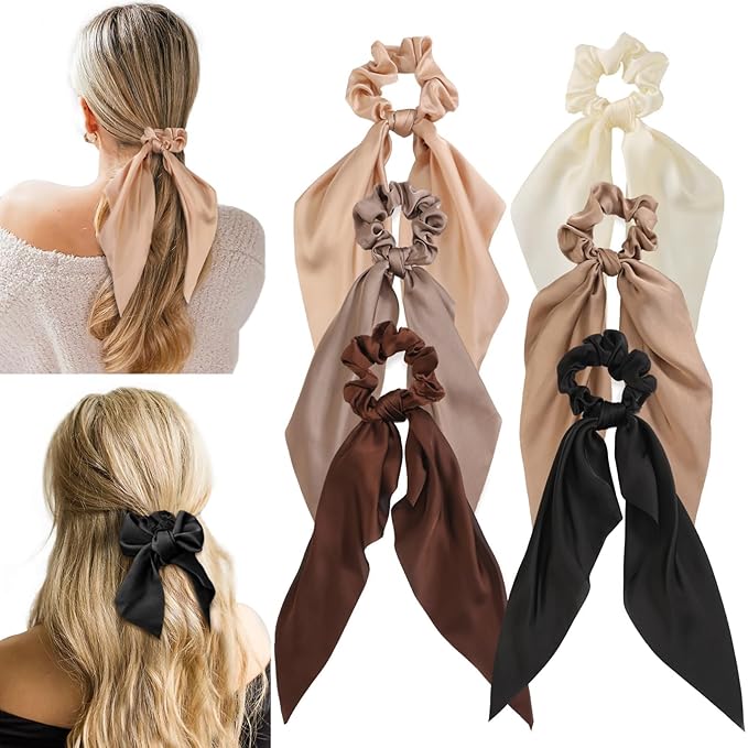 6 PCS Silk Scrunchies with Bows, Knotted Bow Hair Ties for Women & Girls - Satin Elastic Hair Accessories