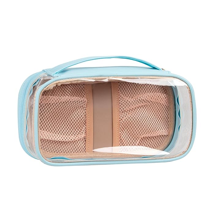 OCHEAL Clear Makeup Bag, Portable Makeup Storage Organizer Cosmetic Bag, Travel Makeup Bag Cute Pouch Women Girls Cosmetics Bags with Divider Makeup Brush Compartment-Lake Blue Clear