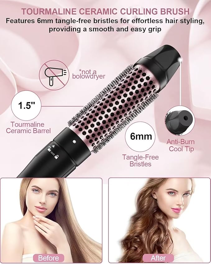 6 in 1 Curling Iron, Curling Wand Set with Thermal Brush (1.5inch) & 1inch Bubble Curling Wand and 3 Interchangeable Ceramic Barrel (0.35"-1.25"), Instant Heat Up With Comb & Protective Glove & 2 Clip