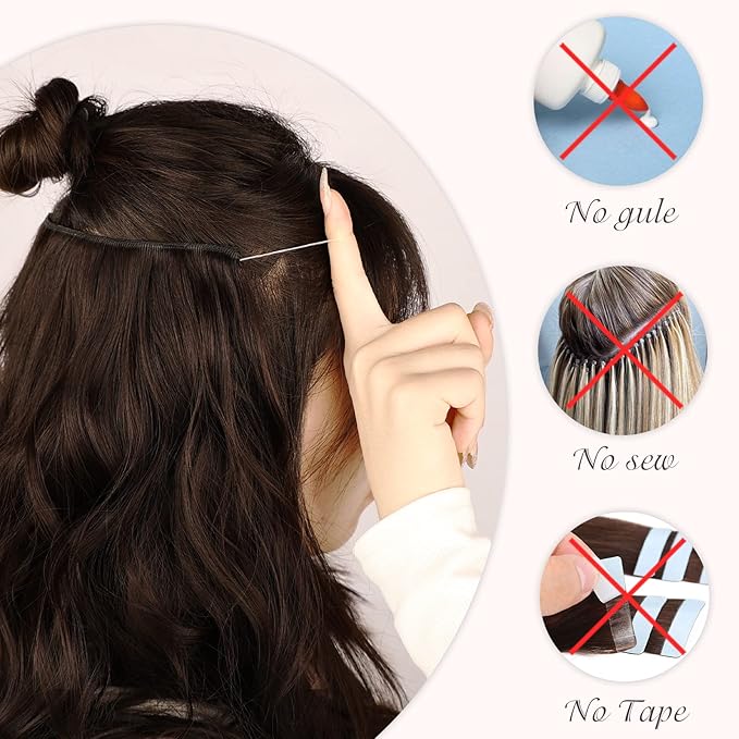 MORICA Invisible Wire Hair Extensions - 20 Inch Mixed Brown Long Wavy Synthetic Hairpiece with Transparent Wire Adjustable Size, 4 Secure Clips for Women