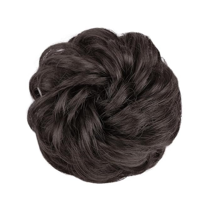 MORICA 1PCS Messy Hair Bun Hair Scrunchies Extension Curly Wavy Messy Bun Hair Synthetic Chignon Hairpieces for Women(4#(Darkest Brown Tend to Black))